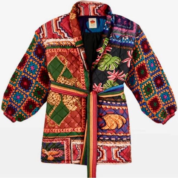 NEW FARM Rio Patchwork Tapestry Crochet Puffer Jacket Tropical Tie Belt Size XL - Picture 6 of 16